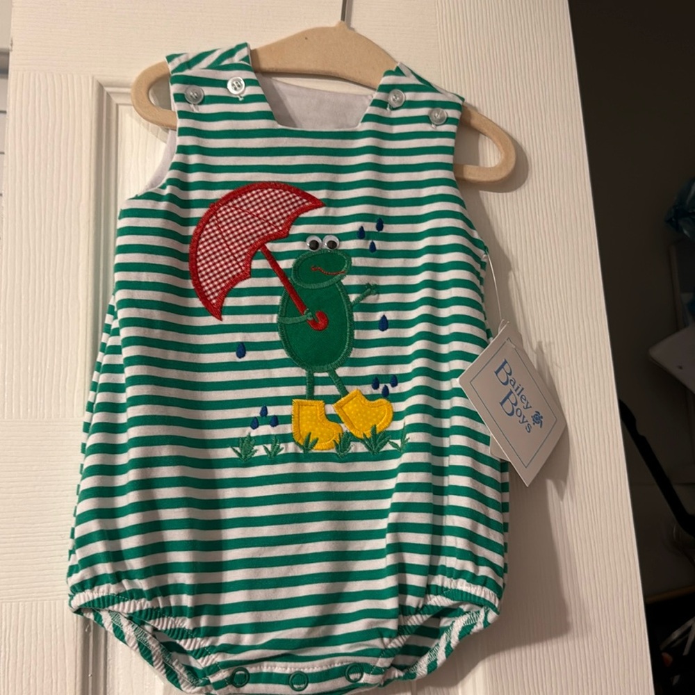 The Bailey Boys Froggy Flo Green And White Striped Knit Bubble Onsie, Sz 3M NWT
